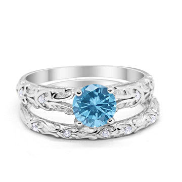 Art Deco Two Piece Wedding Ring Simulated Aquamarine CZ 925 Sterling Silver
